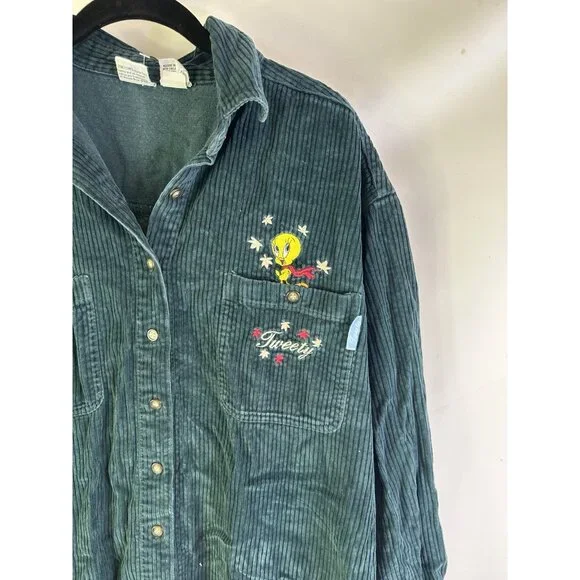 VTG 90s Looney Tunes Tweety Bird Wide Whale Corduroy Button Shirt - Picture 3 of 5